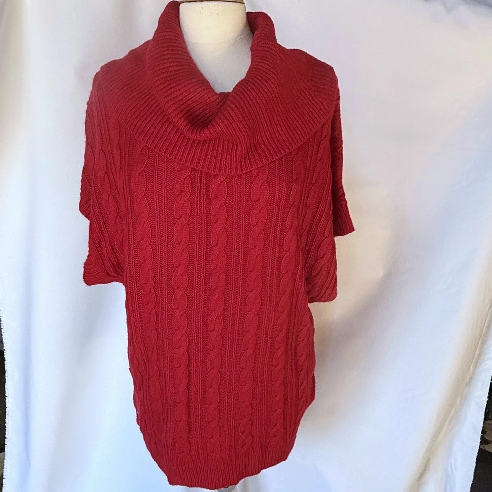 Nicole Miller Womens Red Cable‎ Knit Cowl Turtleneck Sweater L Oversized Hipster